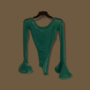 Green long sleeve flare pant see through set